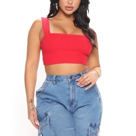 Ambiance Red Cotton Blend Square Neck Wide Straps Crop‎ Tank Size M RefFNB - Picture 1 of 12